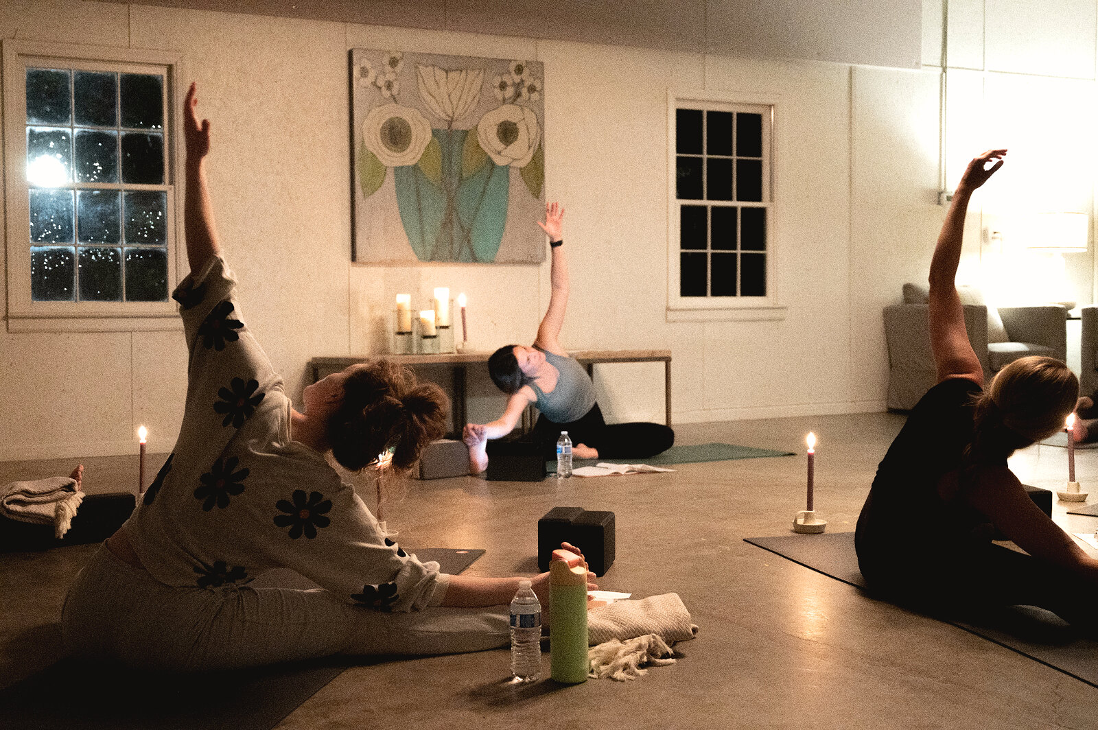 Women practicing gentle yoga movement